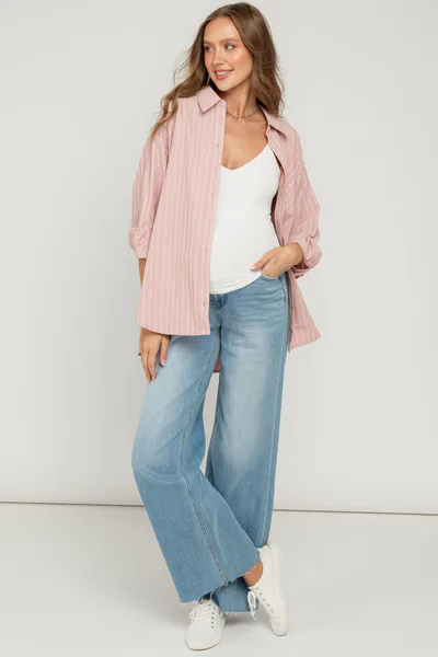 PinkBlush Light Wash Super High Rise Clean Cut Raw Hem Wide Leg Maternity Jeans