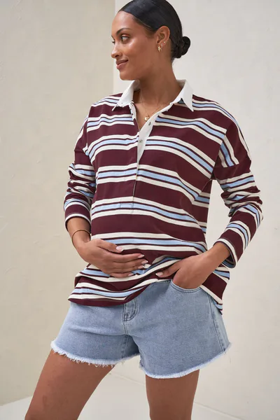 Bae the Label Right Here Rugby Top - Burgundy Stripe