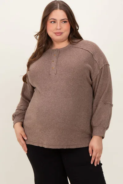 PinkBlush Mocha Oversized Ribbed Knit Henley Maternity Plus Sweater