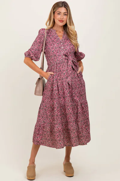 PinkBlush Pink Floral Button Down Front Tie Maternity Midi Dress
