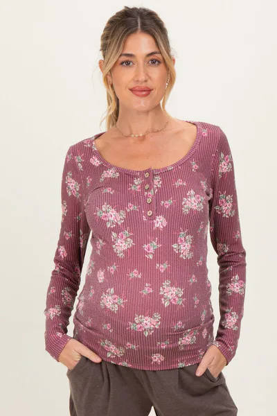 PinkBlush Burgundy Floral Ribbed Long Sleeve Button Down Maternity Tunic Top