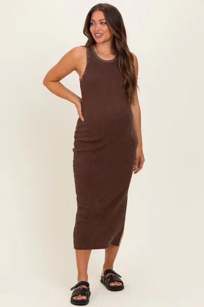 PinkBlush Brown Acid Washed Ribbed Maternity Midi Tank Dress