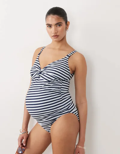 ASOS Mamalicious Maternity knot bust swimsuit with nursing clip function in navy striped print