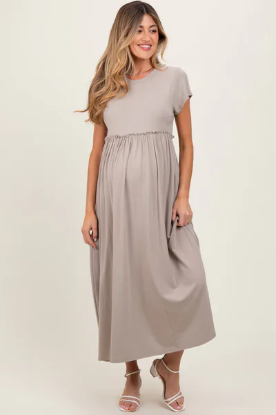PinkBlush Taupe Ruffle Trim Maternity Maxi Dress