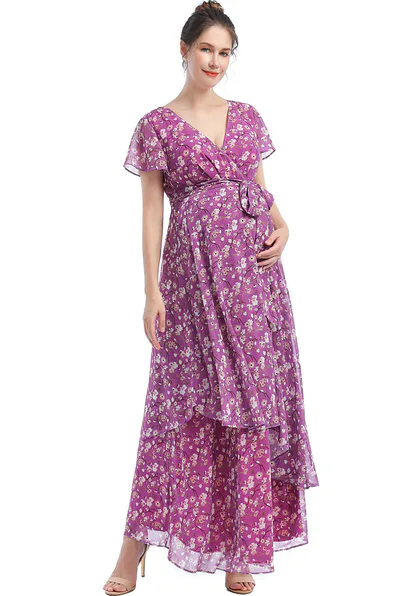 Kimi + Kai Kimi + Kai Maternity "Jolene" Faux Wrap Chiffon Maxi Dress