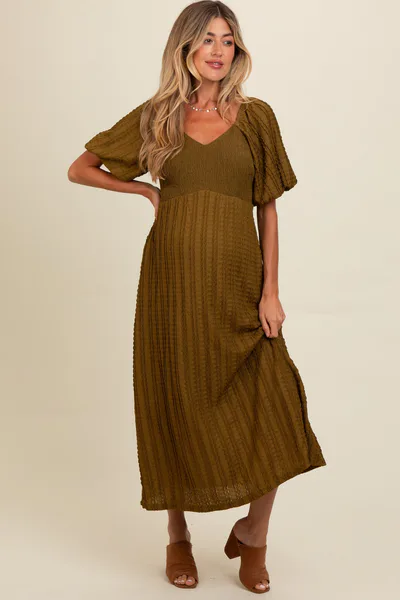 PinkBlush Olive Smocked V-Neck Short Puff Sleeve Textured Maternity Midi Dress