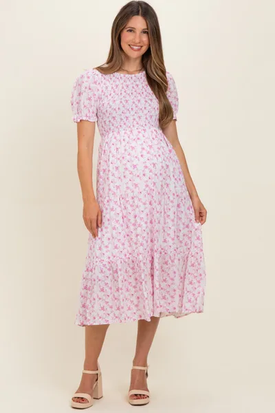 PinkBlush Pink Rose Floral Smocked Puff Sleeve Maternity Midi Dress