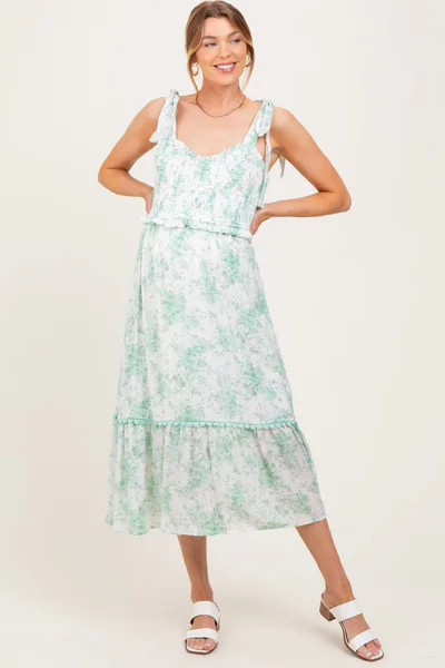 PinkBlush Mint Floral Smocked Shoulder Tie Maternity Midi Dress