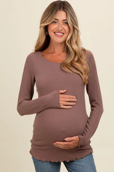 PinkBlush Brown Ribbed Knit Long Sleeve Lettuce Hem Maternity Top