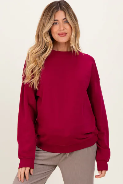 PinkBlush Burgundy Fleece Crew Neck Relaxed Fit Maternity Sweatshirt