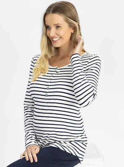 Angel Maternity Maternity and Nursing Long Sleeve Top in Navy and White stripes