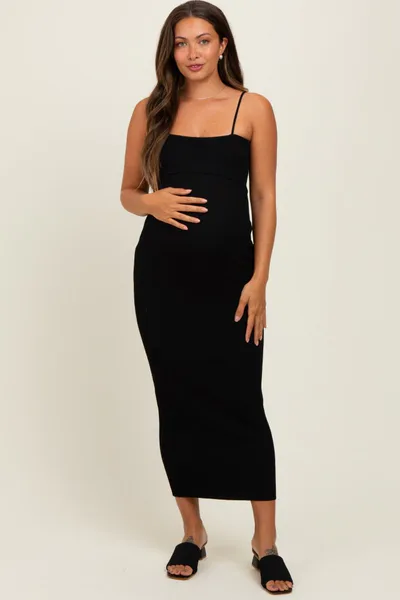PinkBlush Black Rib Knit Off Shoulder Fitted Maternity Midi Dress