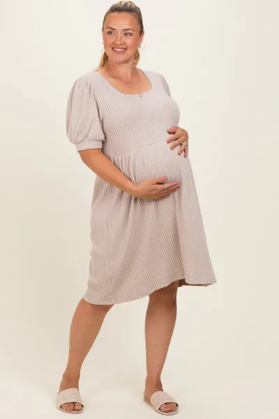 PinkBlush Beige Ribbed Knit Maternity Plus Midi Dress