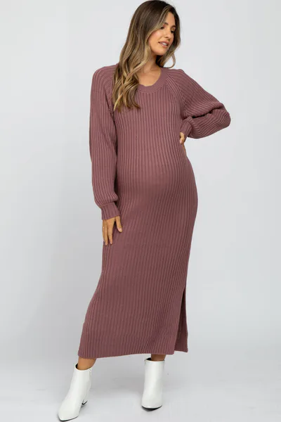 PinkBlush Mauve Side Slit Maternity Maxi Sweater Dress