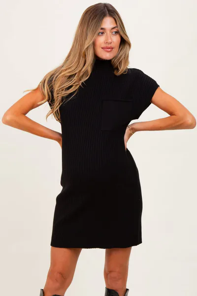 PinkBlush Black Ribbed Knit Maternity Short Sleeve Sweater Dress