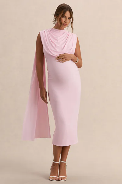 Club L London Milaine | Light Pink Round-Neck Maternity Midi Dress With Cape Sleeves