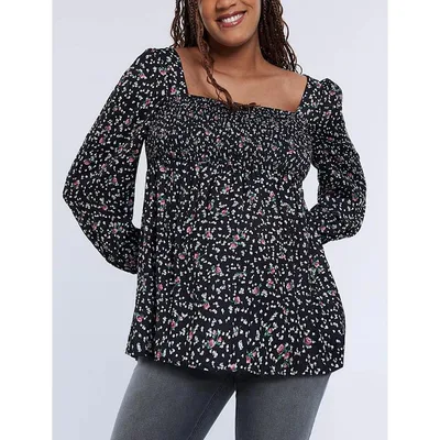 Target Women's Smocked Square Neck Long Sleeve Babydoll Maternity Top - Black Ditsy Floral - Size: X Small - Motherhood Maternity