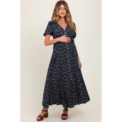 Target Pinkblush Navy Floral Button Down Maternity Dress Medium