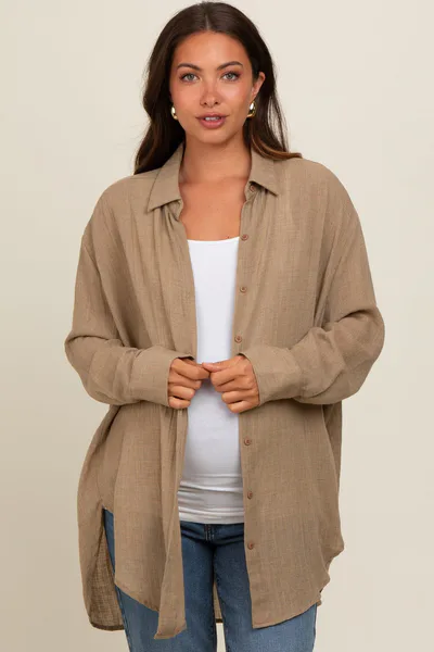 PinkBlush Taupe Lightweight Sheer Button Down Maternity Blouse