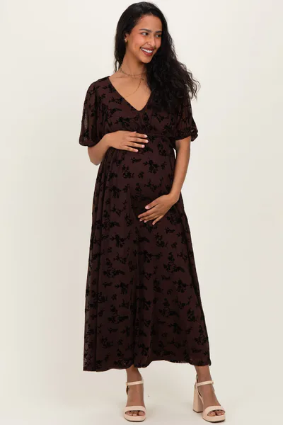 PinkBlush Brown Floral Mesh 3/4 Sleeve V-Neck Maternity Maxi Dress