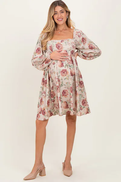 PinkBlush Cream Rose Floral Long Sleeve Maternity Dress