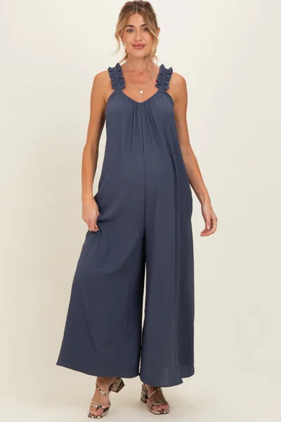 PinkBlush Navy Ruffle Strap Maternity Wide Leg Jumpsuit