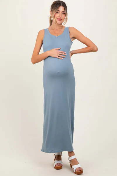 PinkBlush Light Blue Sleeveless Flared Scoop Neck Maternity Maxi Dress