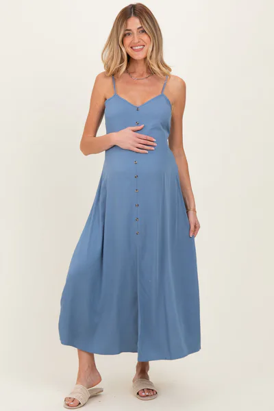 PinkBlush Slate Blue Button Accent Maternity Midi Dress