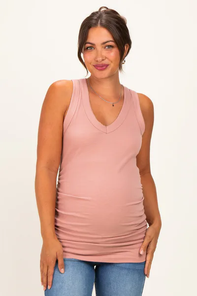 PinkBlush Rose Ribbed Sleeveless Ruched Maternity Tank Top
