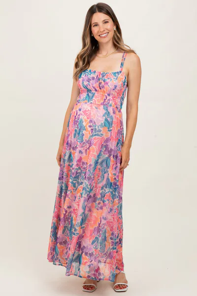 PinkBlush Coral Floral Strappy Back Maternity Maxi Dress