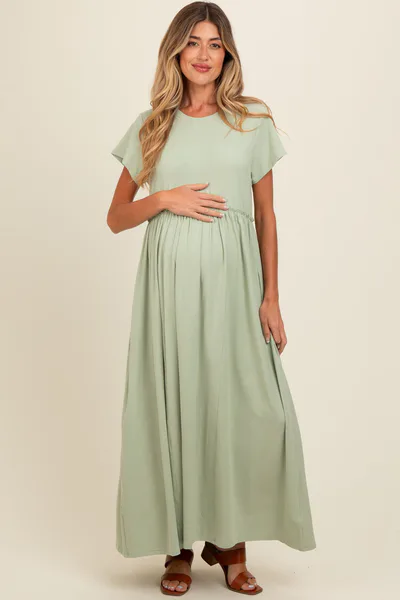 PinkBlush Light Olive Ruffle Trim Maternity Maxi Dress