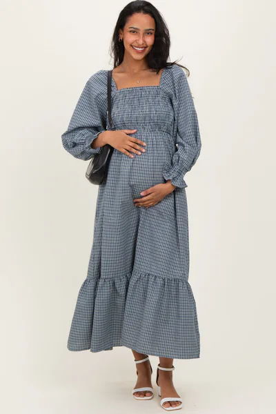 PinkBlush Dusty Blue Plaid Square Neck Long Sleeve Maternity Maxi Dress
