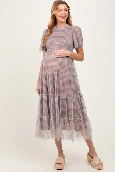PinkBlush Grey Gingham Mesh Tiered Maternity Midi Dress
