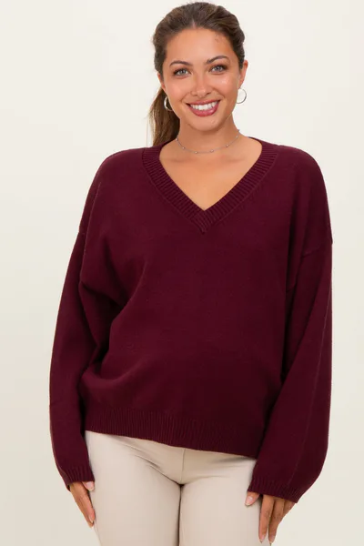 PinkBlush Burgundy V-Neck Drop Shoulder Sweater
