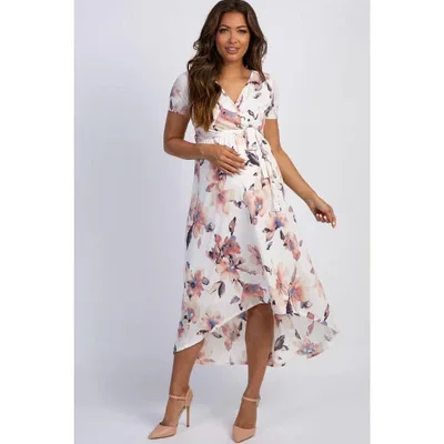 Target PinkBlush PinkBlush Ivory Watercolor Floral Hi-Low Maternity Wrap Dress Ivory Large