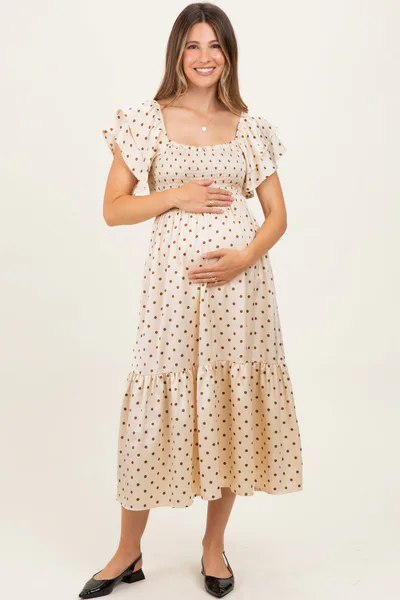 PinkBlush Cream Polka Dot Satin Smocked Flutter Sleeve Maternity Dress