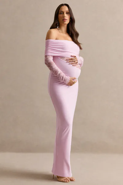 Club L London Artemisia | Light Pink Bardot-Neck Maternity Maxi Dress With Lace Detailing