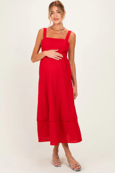 PinkBlush Red Linen Blend Sleeveless Maternity Midi Dress