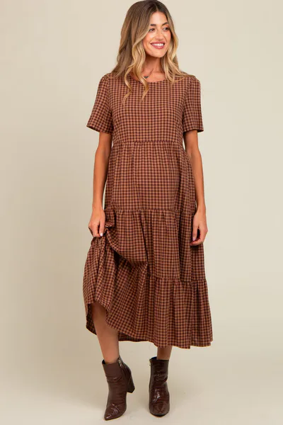 PinkBlush Mocha Gingham Tiered Maternity Midi Dress