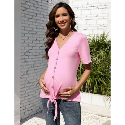 Target Maternity V-Neck Button Down Knot Front Shirt Nursing Short Sleeve Pregnancy Top for Women Pink L