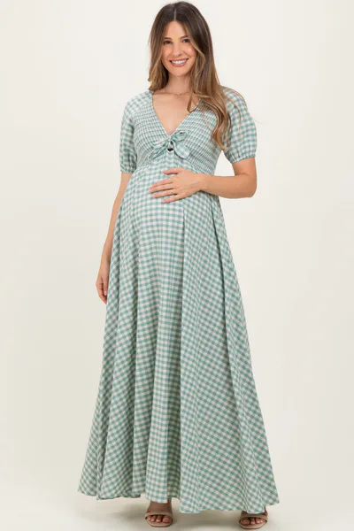 PinkBlush Mint Smocked Gingham Maternity Maxi Dress