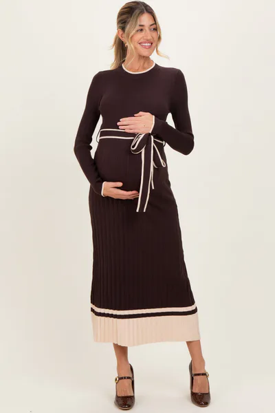 PinkBlush Brown Ribbed Midi Sweater Dress With Belt
