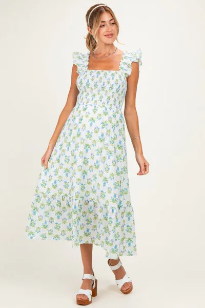 PinkBlush Blue Floral Smocked Sleeveless Maternity Midi Dress