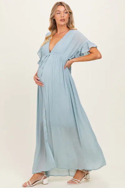 PinkBlush Light Blue Button Down Deep V-Neck Maternity Maxi Dress