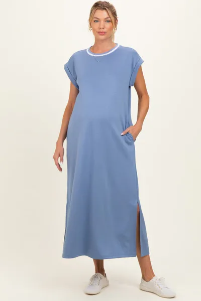 PinkBlush Denim Blue Side Slit Maternity Midi Dress