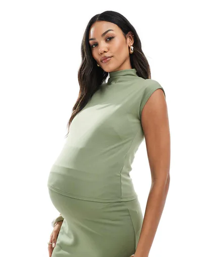 ASOS Mamalicious jersey cap sleeve slash neck top in lichen green - part of a set