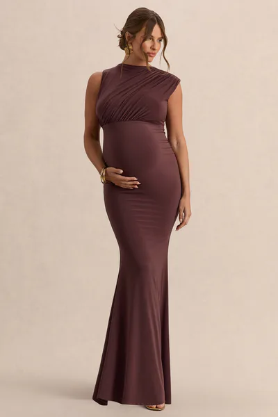 Club L London Osanna | Dark Brown Wide-Neck Maternity Maxi Dress With Ruched Detailing
