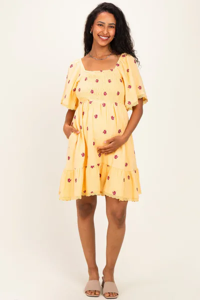 PinkBlush Yellow Floral Embroidered Smocked Maternity Dress