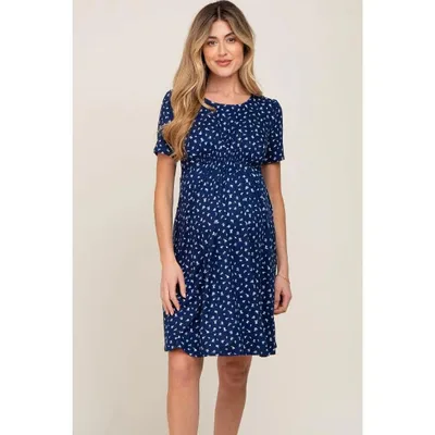 Target Pinkblush Navy Floral Smocked Short Sleeve Maternity Dress Small