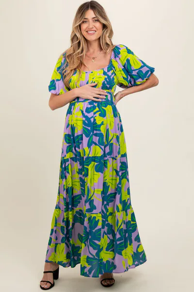 PinkBlush Teal Leaf Print Printed Puff Sleeve Maternity Maxi Dress